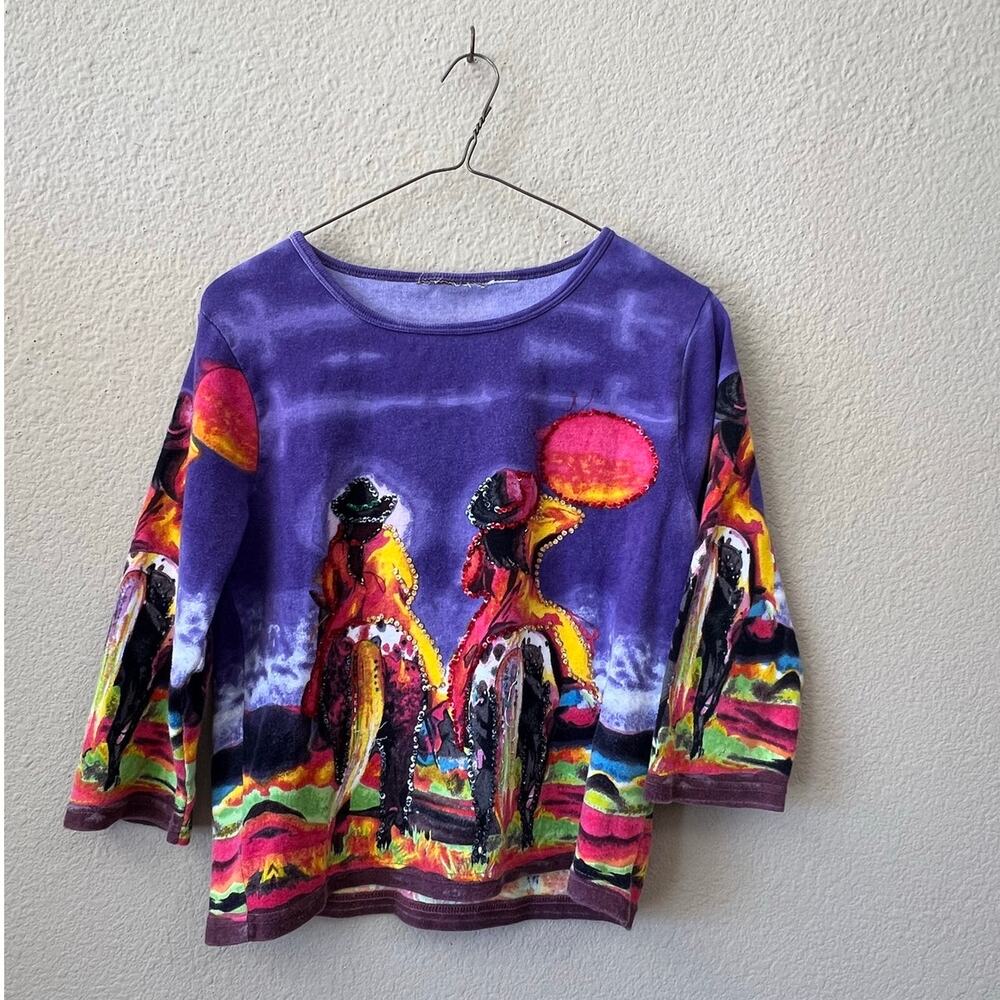 Vintage 90s beaded western cowgirl 3/4 sleeve top size M